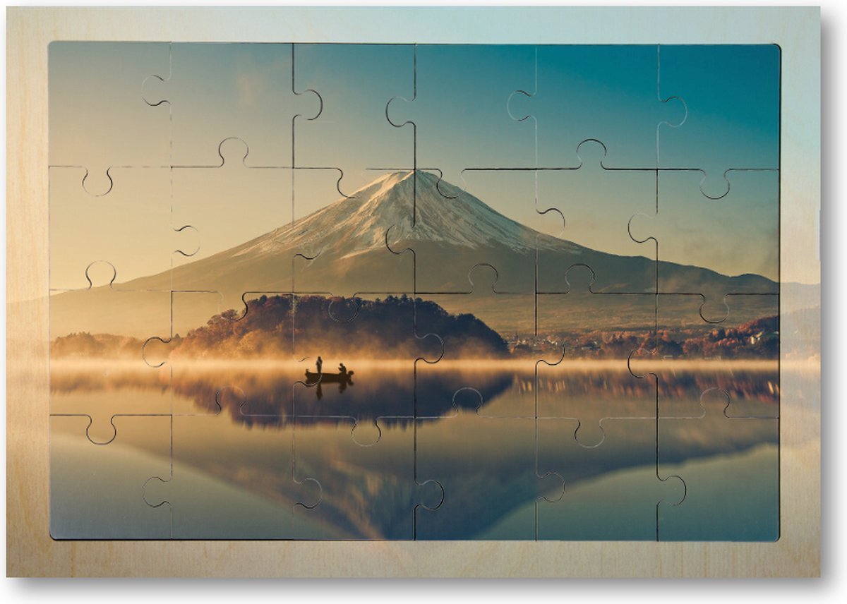 Besteposter Mount Fuji bij Kawaguchimeer - Zonsopkomst - 24 Stukjes Houten Puzzel - Minimalist - Landschap - Natuur