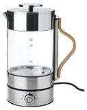Stelton Emma Bouilloire, 1,2 litre, réglage de température 40-100 °C, fonction maintien au chaud, verre borosilicaté et acier inoxydable, 1350 W, poignée en bois, transparent/acier