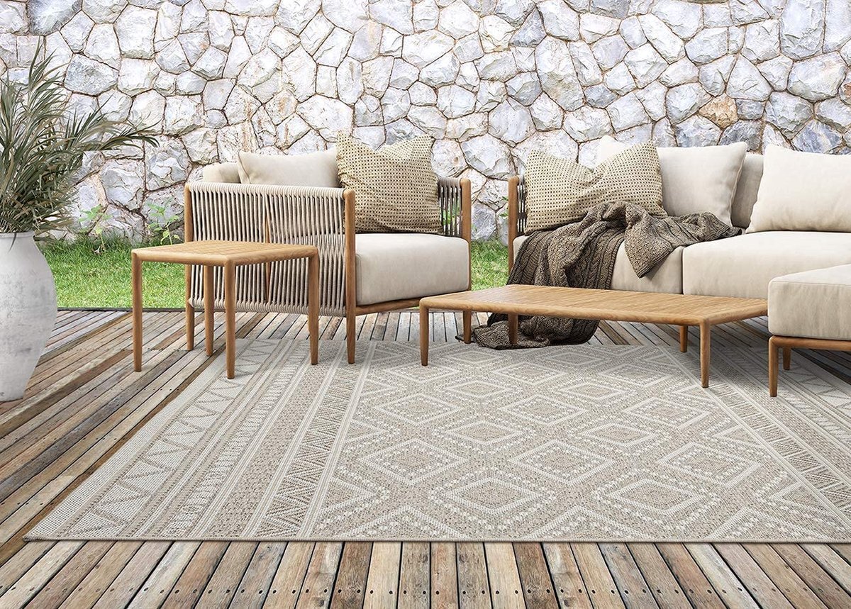 the carpet Calgary Robuust outdoor tapijt, modern design, weerbestendig en uv-bestendig, voor balkon, terras en serre, ook geschikt voor keuken of eetkamer, beige-ruit, 80 x 150 cm