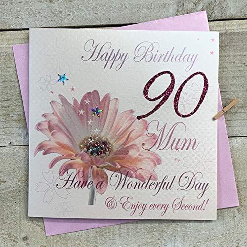 WHITE COTTON CARDS witte katoenen kaarten Roze Gerbera, Gelukkig 90 Mam Hebben een Prachtige Dag Handgemaakte 90e Verjaardag Kaart, Wit, wba90-mama