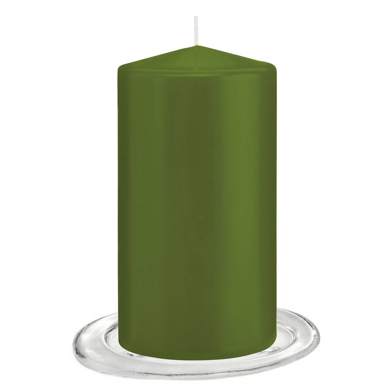 Trend Candles - Stompkaarsen met glazen onderzetters set van 2x stuks olijf groen 8 x 15 cm