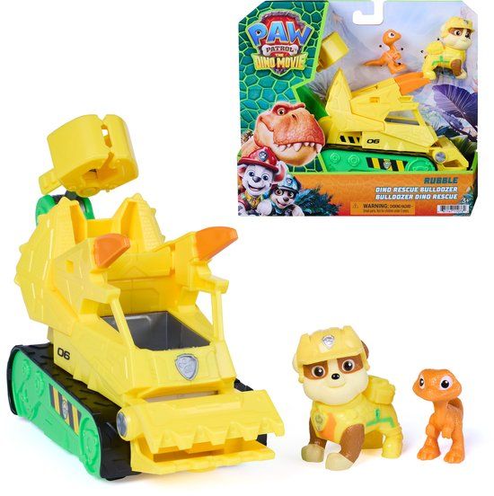 PAW Patrol - The Dino Movie Rubble Dino Rescue Bulldozer - Voertuig met Hapactie, Bewegende Klauw, 2 Actiefiguren - Speelgoed vanaf 3 Jaar