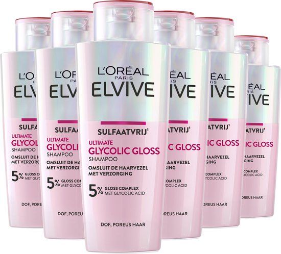 L'Oréal Paris Elvive Glycolic Gloss Shampoo - voor dof, poreus haar - met glycolic acid voor glanzend haar - 6x 200 ml