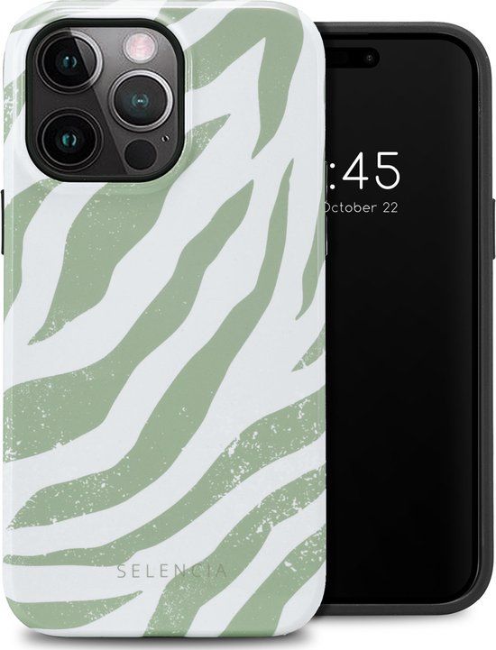 Selencia Hoesje iPhone 14 Pro Max - Vivid Backcover - Colorful Zebra Sage Green
