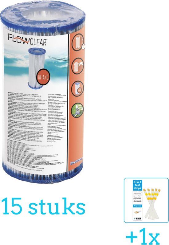 Bestway Flowclear Filter Cartridge (III) 15-Pack - Includes Test Strips - Type III - For Pump 58389