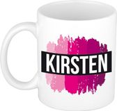Bellatio Decorations Shoppartners Bv Kirsten naam cadeau koffie mok - beker - met roze verfstrepen - Cadeau collega - moederdag - verjaardag - juf - coach - 300 ml - wit