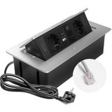 GTV – Inbouwstopcontact Multisoft aluminium met 2 x Schuko, USB A+C, RJ45, intrekbaar met afdekking, 1,5 m kabel, ideaal voor bureau, vergadertafel of keukenwerkblad