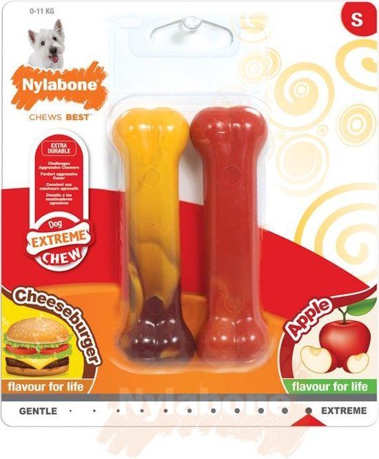Nylabone Extreme Duopack - Kauwbotten voor honden - Cheeseburger & Appel smaak - Small