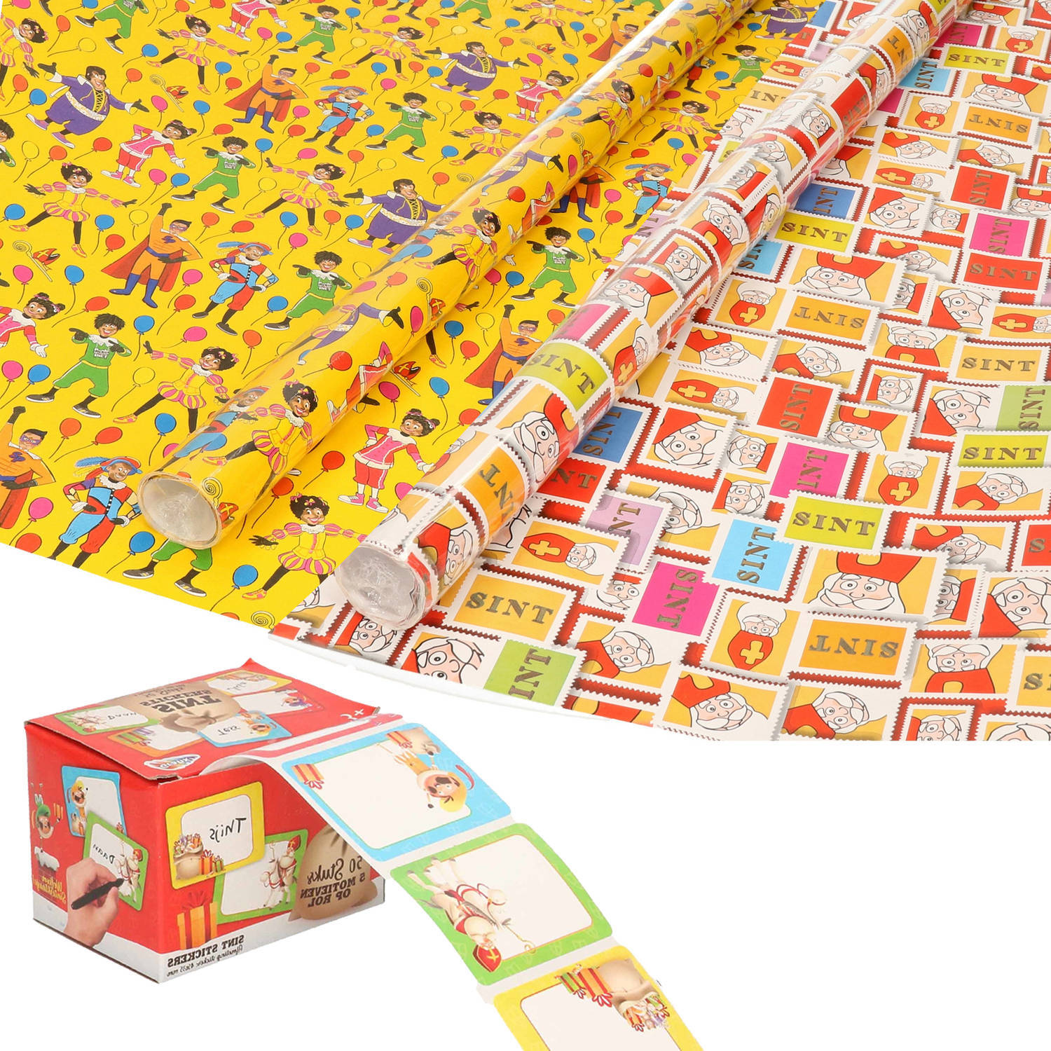 Bellatio Decorations sinterklaas inpakpapier/cadeaupapier 6x rollen en 50 naam stickers - cadeaupapier