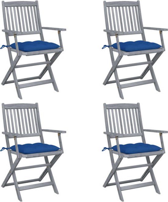 vidaXL Set van 4 Klapstoelen met Kussens, Massief Acaciahout, Blauw