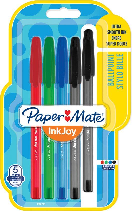 Paper Mate InkJoy 100ST balpennen | Fijne punt (0,7 mm) | Zwart, Blauw, Rood en Groen | 5 stuks