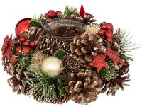 Feeric lights & Christmas Kerststukje met kaarsenhouder - krans - rood tinten - natuur - 19 cm - tafeldecoratie