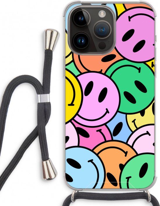 Case Company® - iPhone 14 Pro Max Hoesje met Koord - Smiley N°1 - Zwart TPU