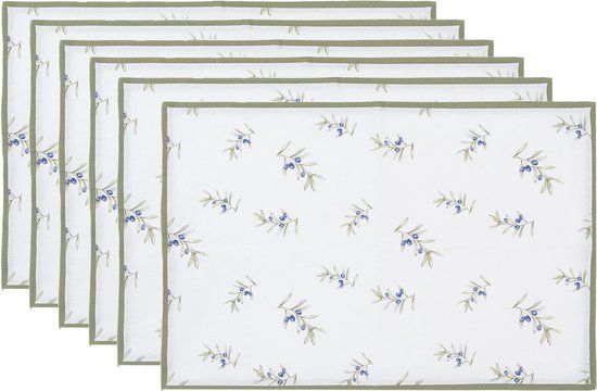 Clayre & Eef Placemats Set van 6 - 48x33 cm - Wit Katoen Olijven