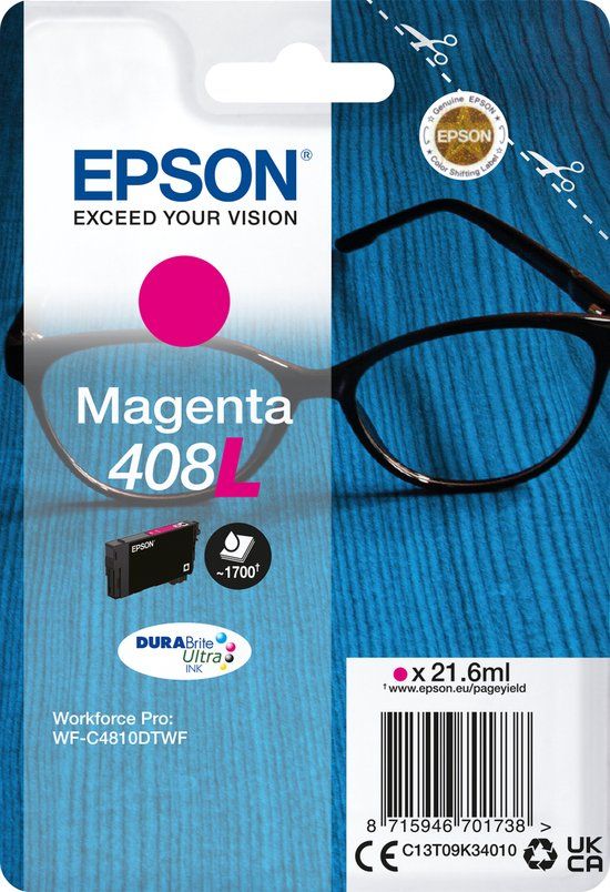 Epson 408L Magenta Ink Cartridge - DURABrite Ultra Ink - 1700 Pages - Original