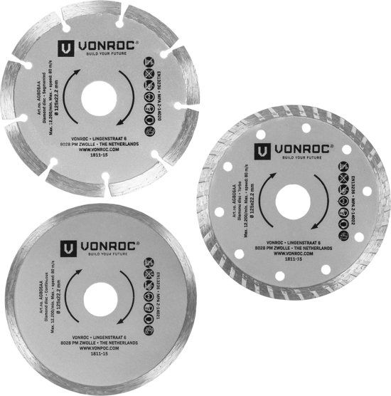 VONROC - Universele diamantdoorslijpschijven set 3-delig - Segment, Turbo en Volrand - Ø 125 x 1.2 x 22.2 mm