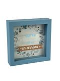 Decoratieve spaarpot met blauw frame, 16 x 16 cm, design in aankomst met babymotieven