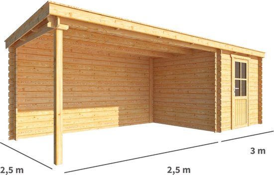 Merkloos Blokhut met overkapping Els 550 cm bij 250 cm diep Lessenaarsdak bruin