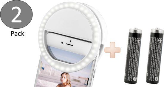 iCall 2x Selfie Ring Led Licht Clip Pro - Inclusief 4 AAA batterijen - Past op elke Smartphone / Tablet - Felheid instelbaar in 3 standen - voor onder andere Apple iPhone 7 Plus / 6/6s / Samsung Galaxy S8 / S7 Edge / Huawei P10 Lite