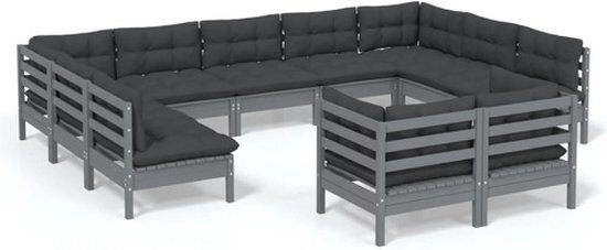 vidaXL 11-delige Loungeset met kussens massief grenenhout grijs