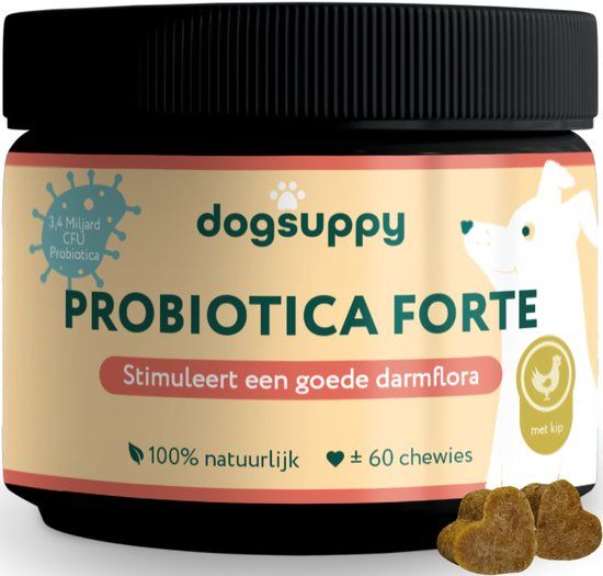 DogSuppy Probiotica Forte [met kip] - Voor Optimale Darmgezondheid - 100% Natuurlijk - 60 heerlijke snoepjes - Ondersteunt Spijsvertering & Weerstand - Bij Moeilijke ontlasting, Krabben, Poten likken en Allergieën - 3.4 miljard CFU Probiotica per snoepje