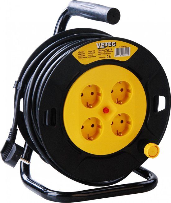 VETEC Kabelhaspel - 25 meter - Zwart - 4 stopcontacten - Met overspanningsbeveiliging