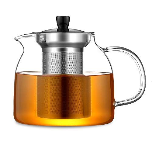 ecooe Theepot met afneembare roestvrijstalen zeef, 1000 ml, glazen kan