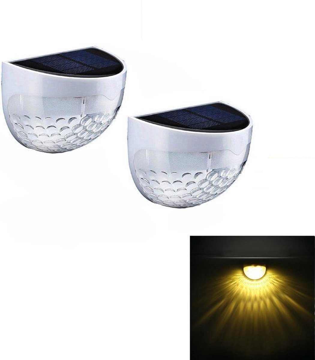 Ranpo Tuinverlichting op zonneenergie | Solar tuinverlichting | Uniek 6 LED lichteffect | 2 stuks | Incl. bevestigingsmateriaal | Wandlamp buiten | Wit | Warm wit licht