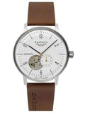Bauhaus Montre pour Homme 2068-1 | Boîtier en acier inoxydable de 41 mm, cadran blanc, cœur ouvert, fond visible, bracelet en cuir, 5 ATM