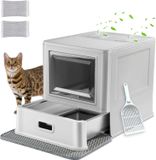 oCreon Gesloten kattenbak - kattentoilet met deksel en lade van roestvrij staal - met schep en mat - XL
