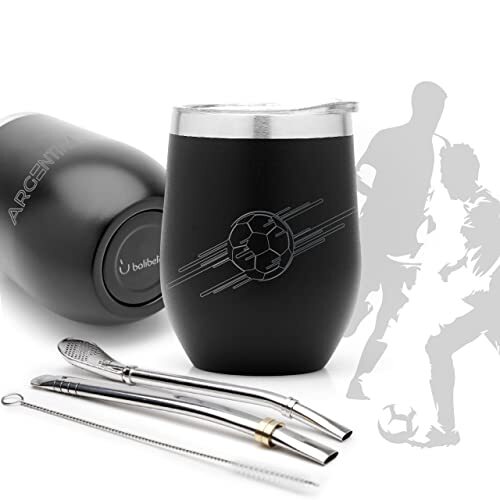 BALIBETOV Moderne Yerba Mate Set (Mate Cup) - Wereldkampioenschap voetbal 2022 Special Edition - Dubbelwandig 18/8 Roestvrij Staal Inclusief Twee Bombilla's En Een Reinigingsborstel (235 ml, Zwart)