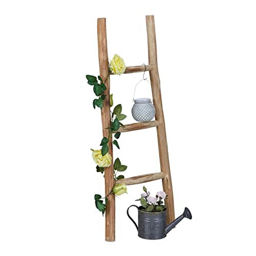 Relaxdays Decoratieve ladder, 90 cm hoog, houten ladder voor tuin, 3 sporten, kastanje, handwerk, handdoek-& kledingladder, natuur