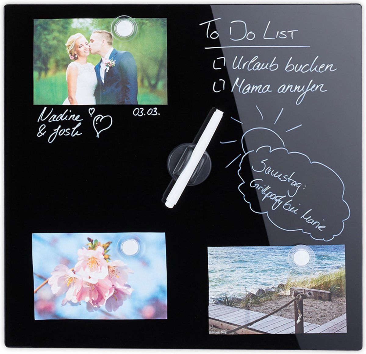 Relaxdays Glassboard Zwart - Memobord - Magnetisch Prikbord - Beschrijfbaar