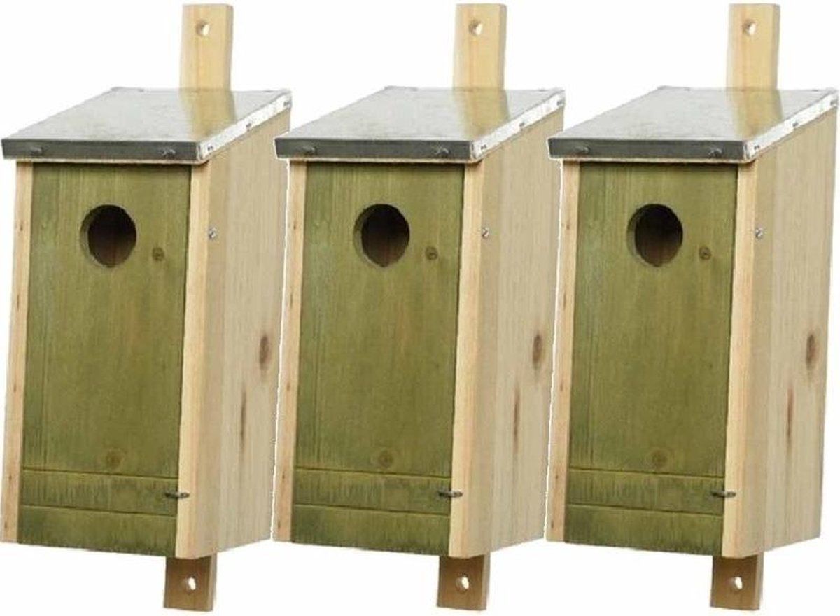 Decoris Set van 3 houten vogelhuisjes met lichtgroene voorzijde en metalen dakje 26 cm