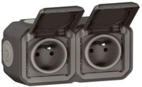 Stopcontact, Legrand Dubbel stopcontact, voorbekabeld, 2 x 2P + T, 16 A, 250 V~ waterdicht, plexo, antraciet, IP55 IK08
