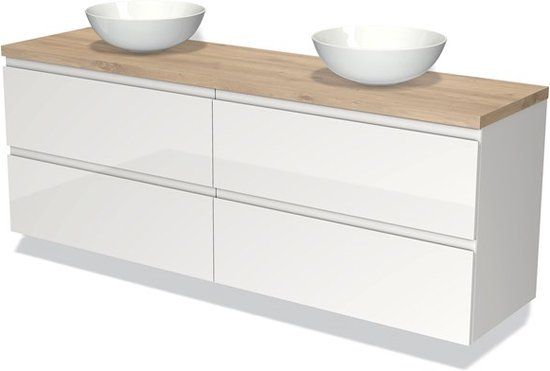Maxaro Modulo Plato Badkamermeubel voor waskom | 180 cm Hoogglans wit Greeploos front Lichtbruin eiken blad 4 lades