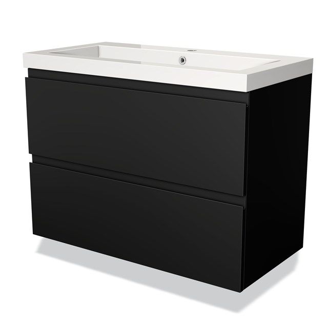 Maxaro Badkamermeubel 90cm Modulo Mat Zwart 2 Lades Greeploos Wastafel Mineraalmarmer