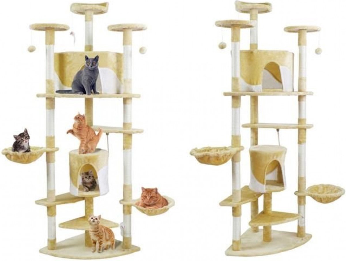 Iso trade Katten krabpaal 200 cm - 6 etages - zacht velours - urenlang speelplezier - kattenhuisjes - 5 platformen - kado tip beige