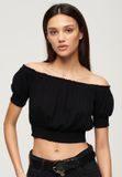 Superdry Top court à manches courtes et smocké - Femme - Noir - UK12-EU40