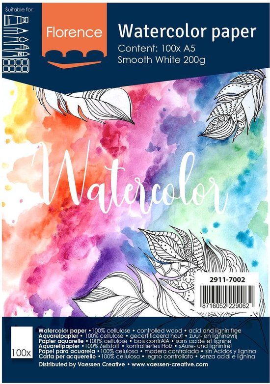 Merkloos Vaessen Creative Florence Aquarelpapier A5, Glad, Wit, 200 gram, 100 vellen