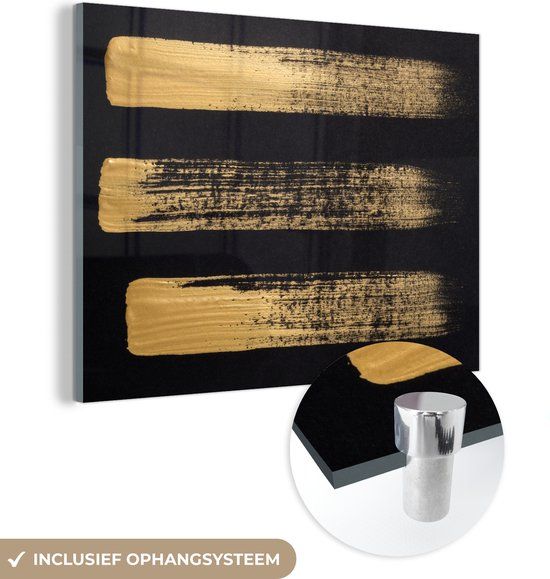 MuchoWow® Glass Painting 40x30 cm - Acrylic Glass Painting - Pattern of Gold Paint on a Black Background - Photo on Glass - Paintings