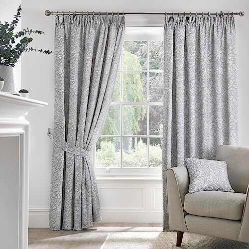 Dreams & Drapes Dreams & Drapes 160 Gordijnen - 100% Katoen Paar Potlood Plooi Gordijnen met Tie-Backs - 90" Breedte x 90" Drop (229 x 229cm) in Aveline