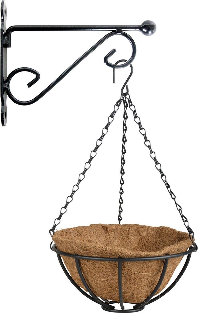 Esschert Design Hanging basket 25 cm met metalen muurhaak en kokos inlegvel - Complete hangmand set van gietijzer