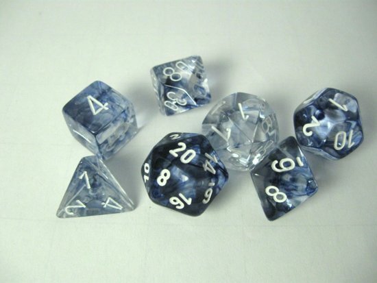 Chessex dobbelstenen set 7 polydice Nebula black w/white