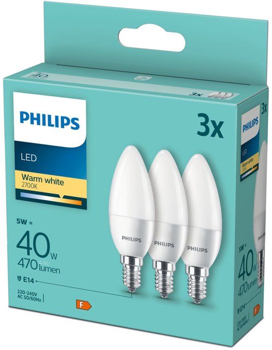 Philips LED Kaarslamp E14 5W - 2700K 470lm 230V - Mat - B35 - Warm Wit Licht - 3 stuks