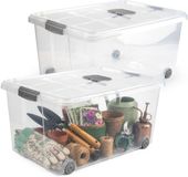 Plasticforte boîte de rangement - 2x pièces - avec couvercle - 57L - 62 x 45 x 32 cm - transparent - bac de rangement - avec roues