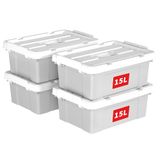 Cetomo 15L x 4 opbergdozen, plastic opbergdoos met deksels, organiserende container met handvat en veilige vergrendelende gespen, stapelbaar, nestbaar, draagtas voor thuiskantoor kleding, 15L-4Pack