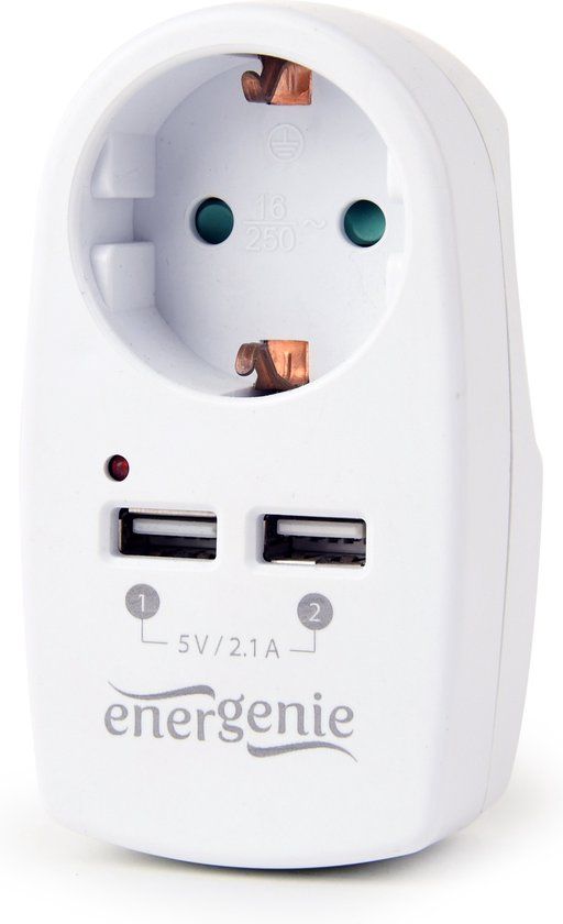 Energenie Doorvoerstekker met USB lader - 1 contact + 2 USB-A poorten - 2,1A / wit