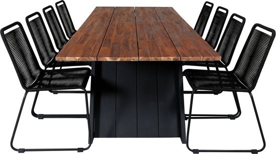 Hioshop Doory tuinmeubelset tafel 100x250cm en 8 stoel stapelS Lindos zwart, naturel.