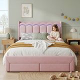 STILVORA Kinderbed 140x200 cm – Golfvormig Hoofdbord Met Ledverlichting Via App – 2 Lades Voor Kinderkamer – Fluweel – Zonder Matras – Roze